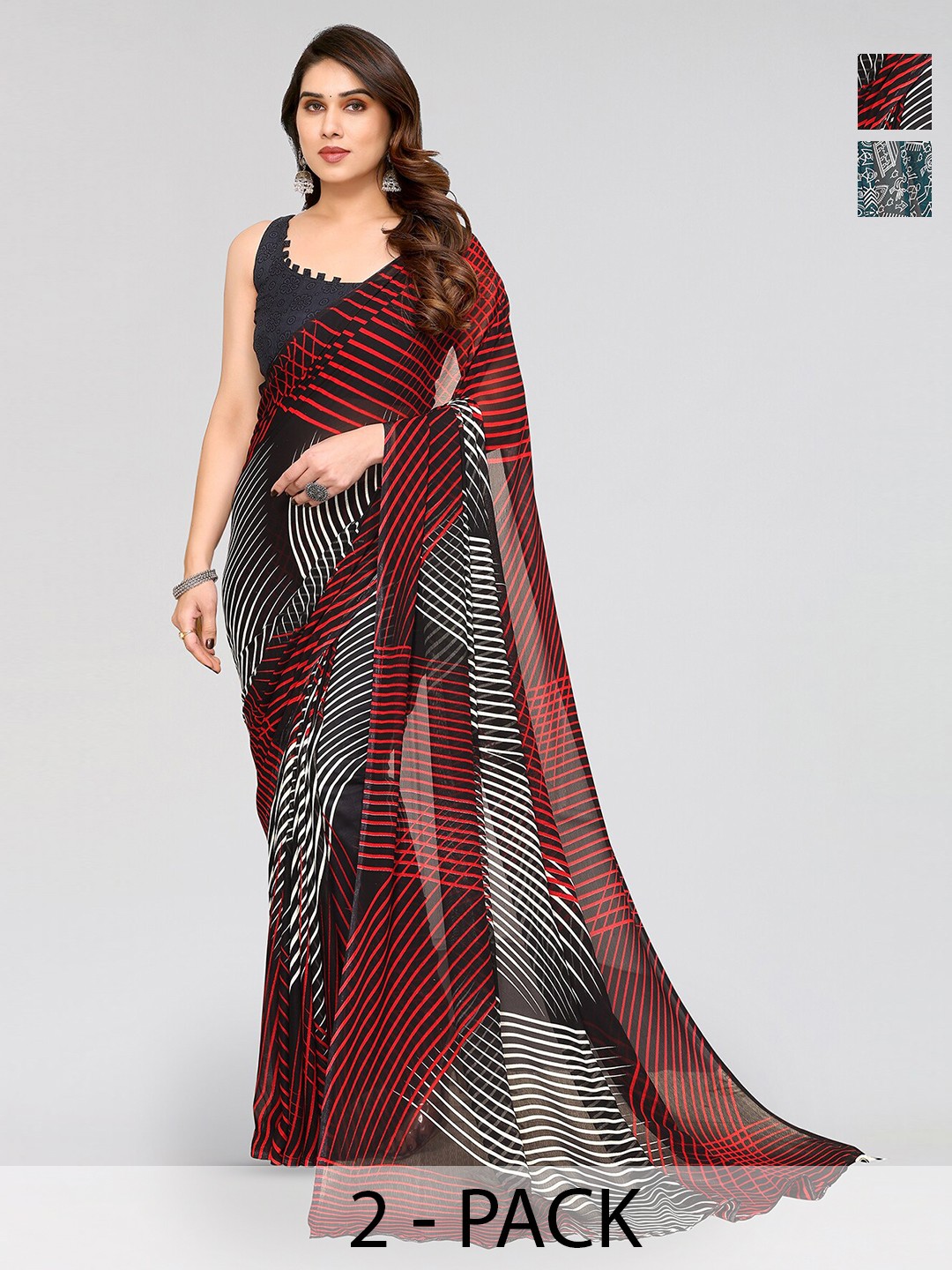 

ANAND SAREES Selection Of 2 Geometric Printed Poly Georgette Sarees, Blue