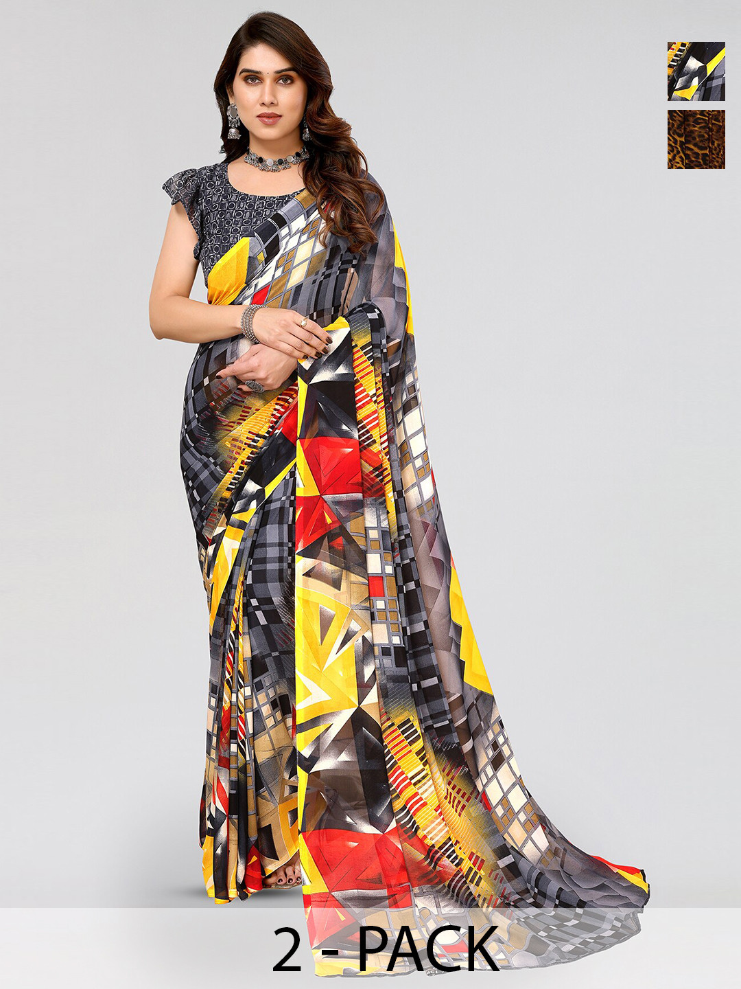

ANAND SAREES Selection Of 2 Abstract Printed Poly Georgette Sarees, Black