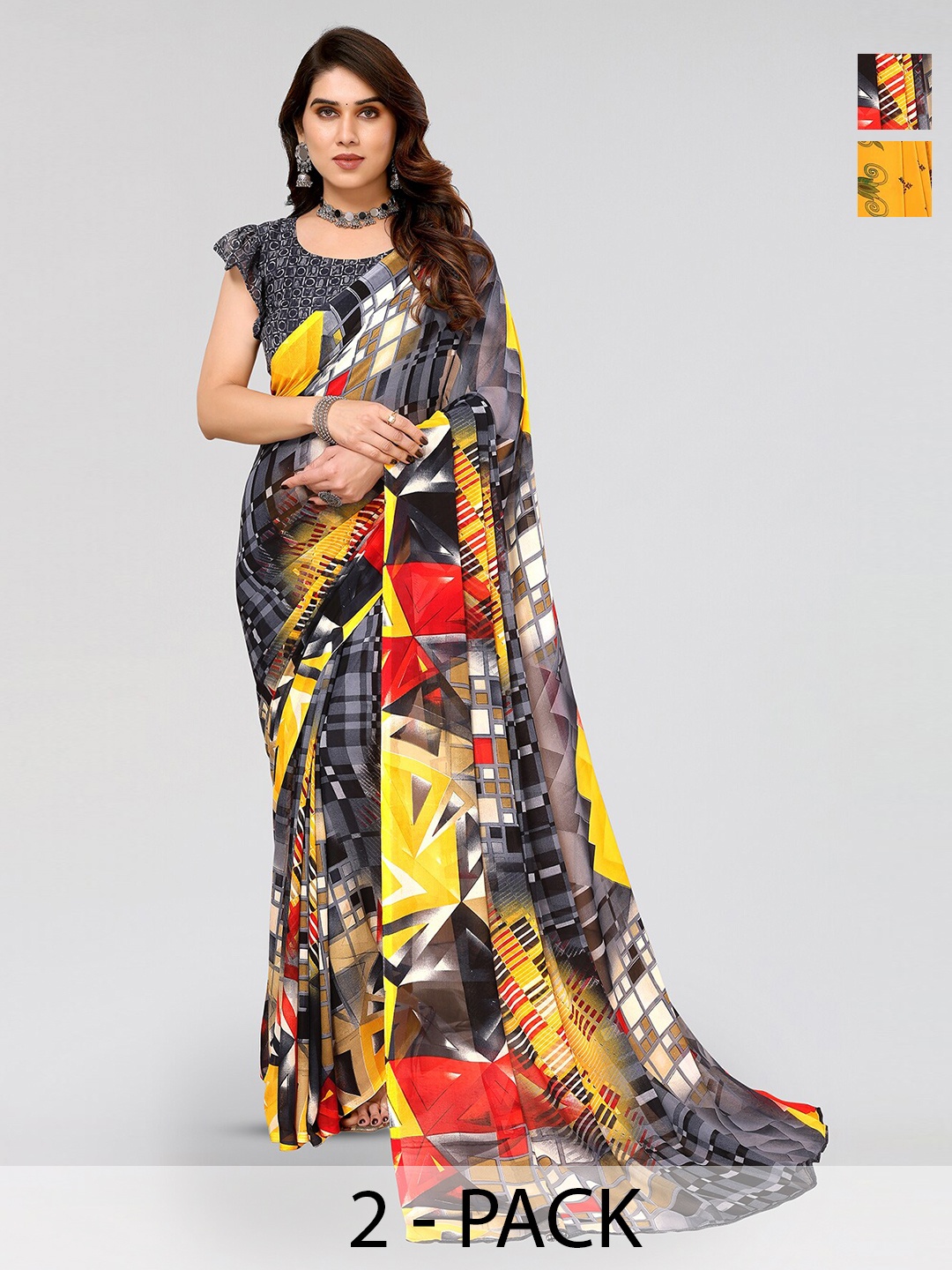 

ANAND SAREES Selection Of 2 Abstarct Printed Poly Georgette Sarees, Yellow