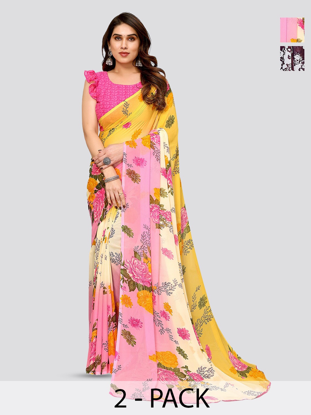 

ANAND SAREES Selection Of 2 Floral Printed Poly Georgette Sarees, Burgundy