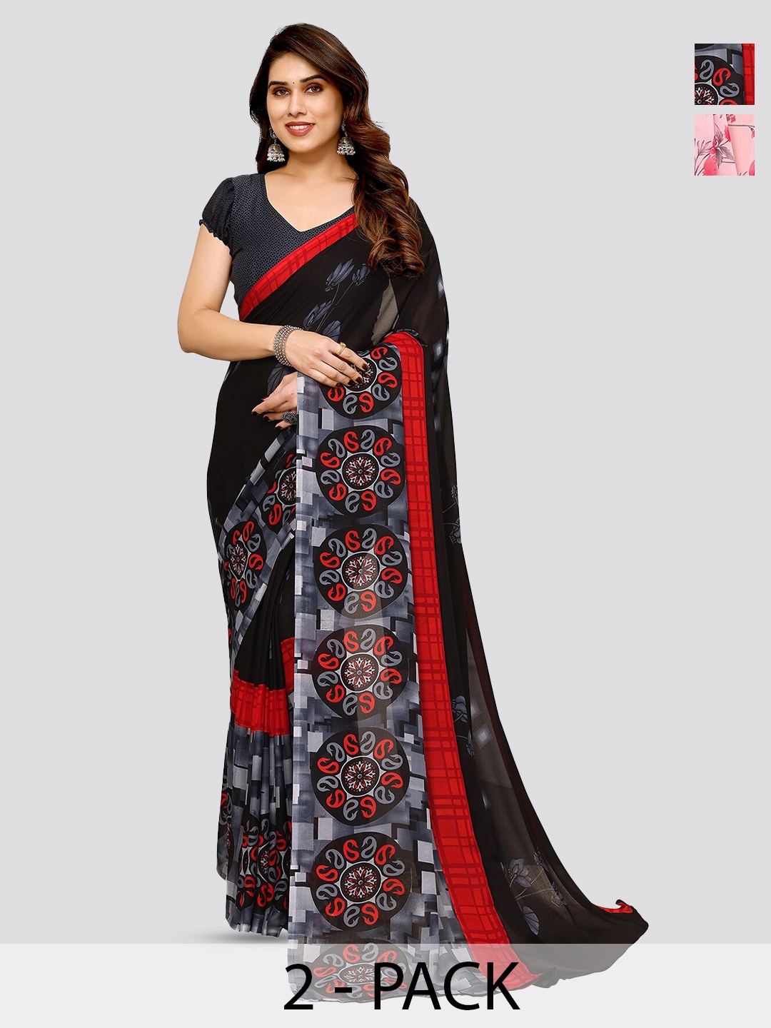 

ANAND SAREES Selection Of 2 Floral Printed Poly Georgette Sarees, Black