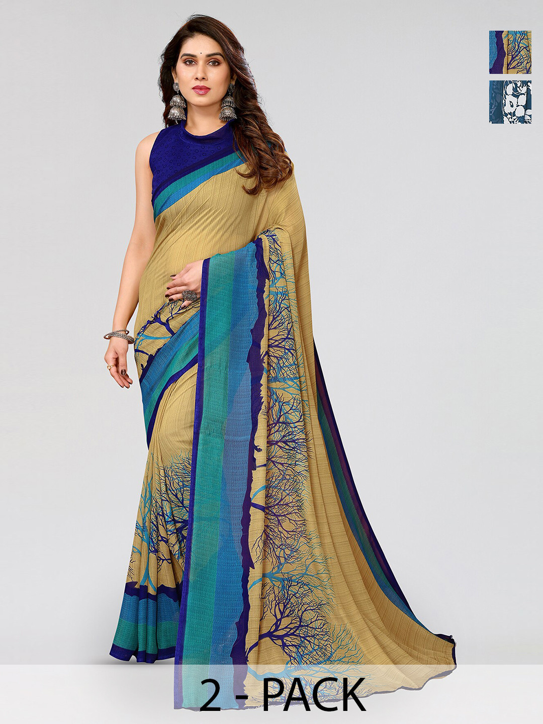 

ANAND SAREES Selection Of 2 Floral Printed Poly Georgette Sarees, Blue