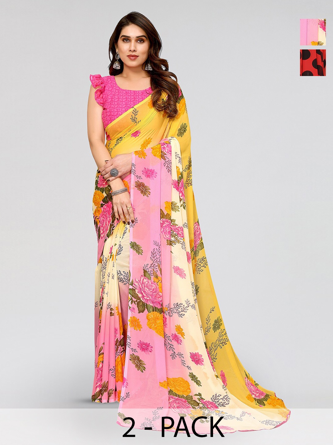 

ANAND SAREES Selection Of 2 Floral Printed Poly Georgette Sarees, Pink