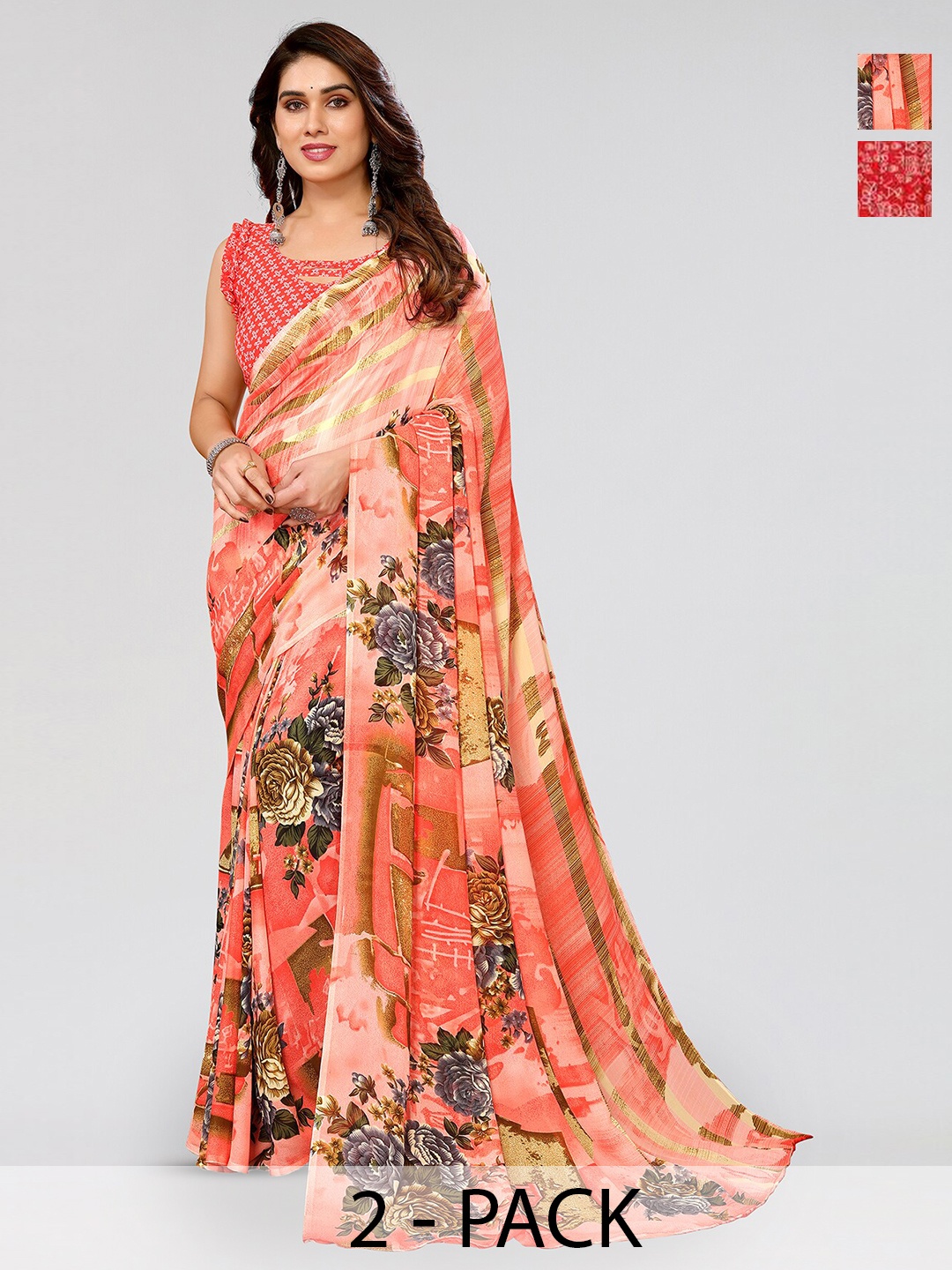 

ANAND SAREES Selection Of 2 Floral Printed Poly Georgette Sarees, Peach