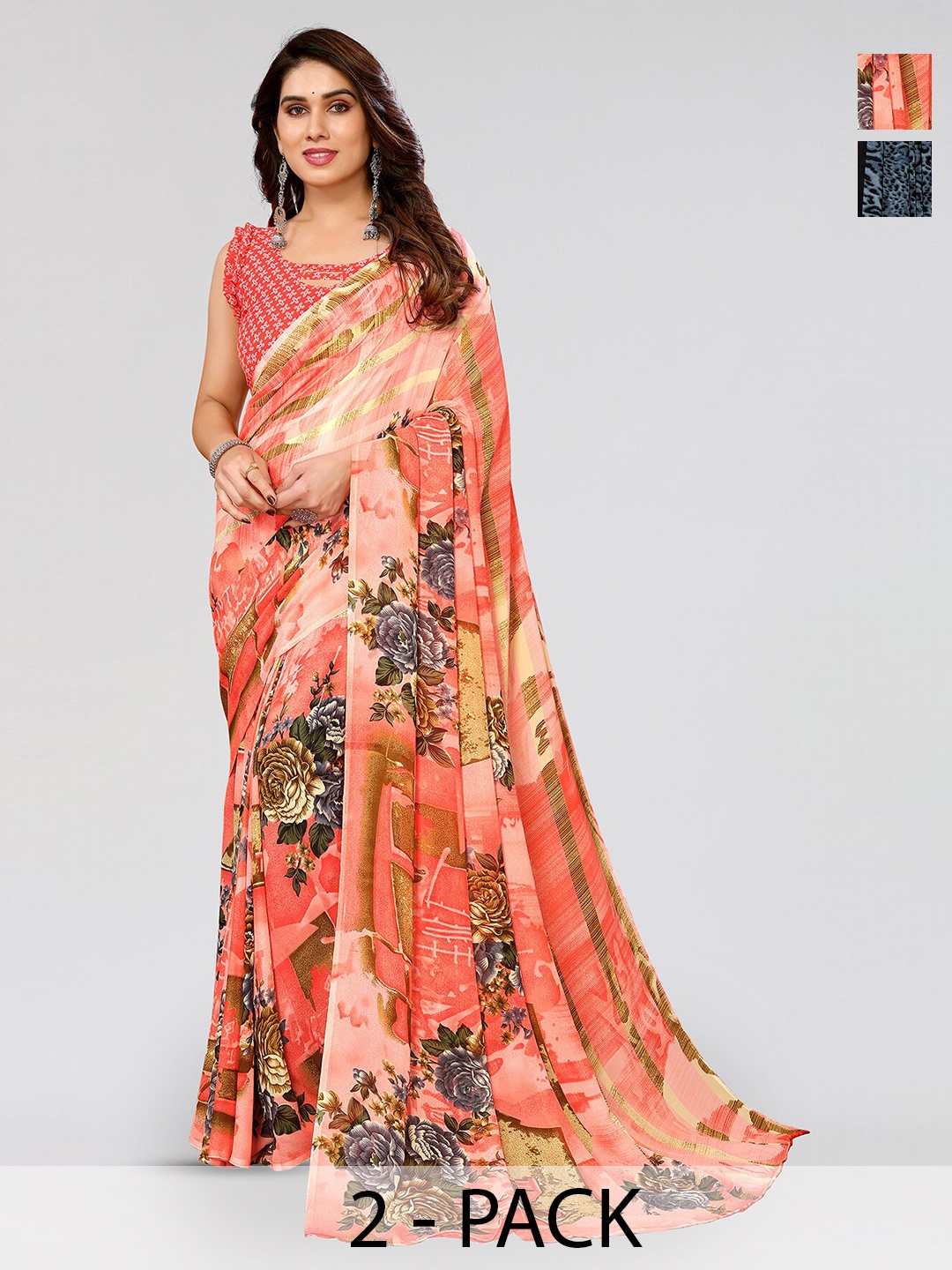 

ANAND SAREES Selection Of 2 Floral Printed Poly Georgette Sarees, Black