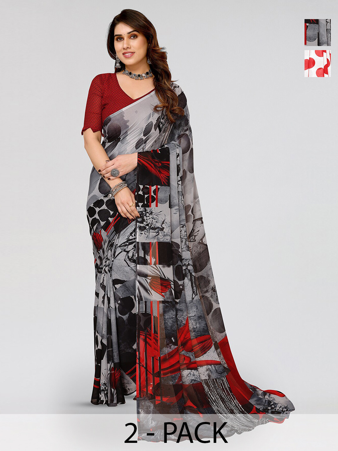 

ANAND SAREES Selection Of 2 Abstract Printed Poly Georgette Sarees, Grey