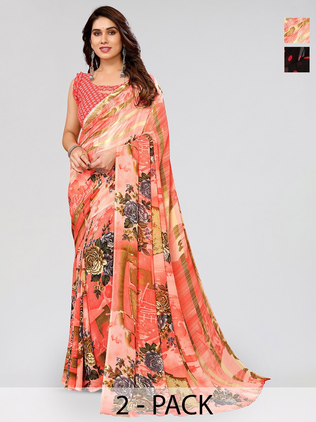 

ANAND SAREES Selection Of 2 Floral Printed Poly Georgette Sarees, Peach