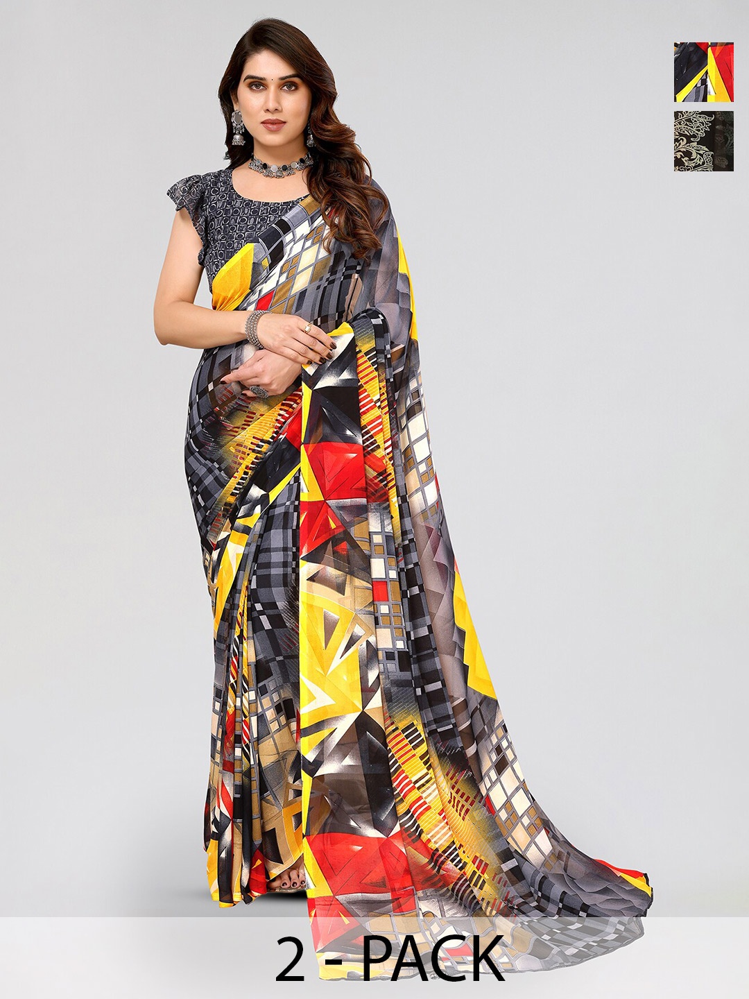 

ANAND SAREES Selection Of 2 Floral Printed Poly Georgette Sarees, Grey