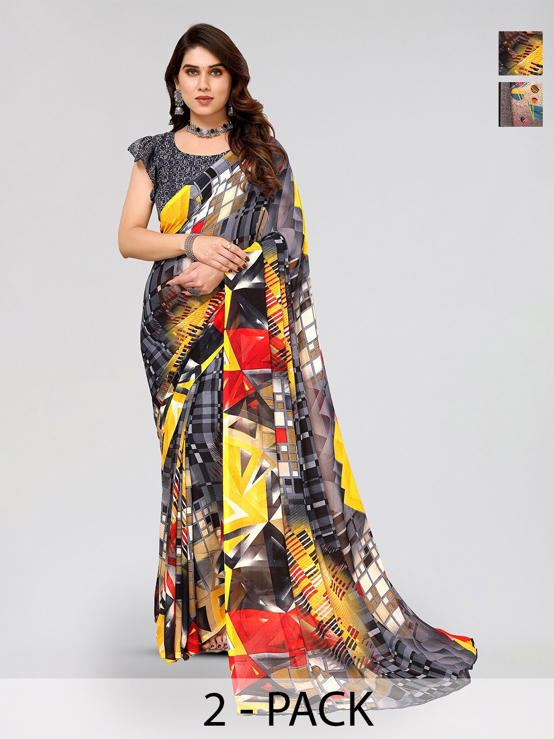 

ANAND SAREES Selection Of 2 Geometric Printed Poly Georgette Sarees, Grey