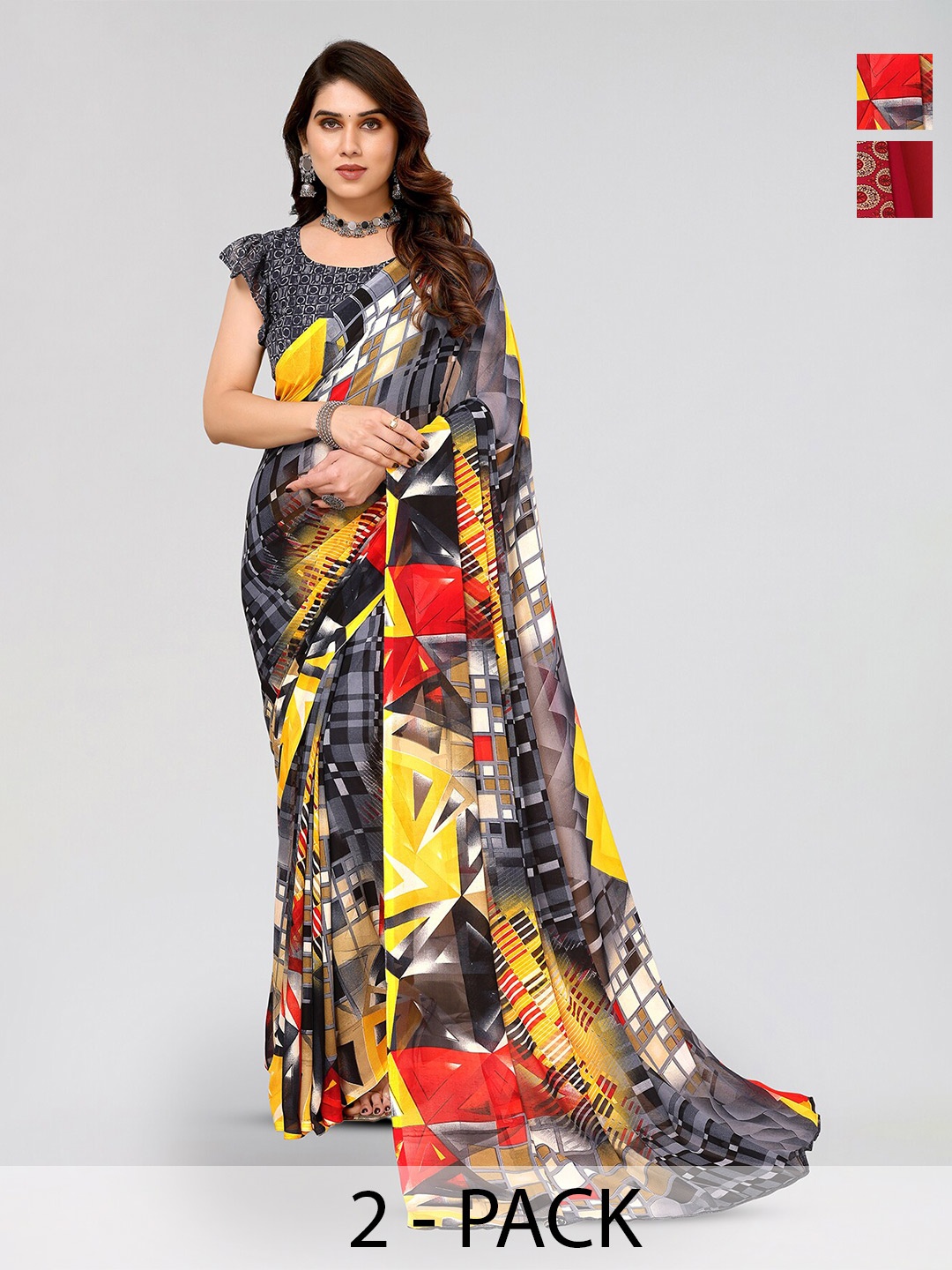 

ANAND SAREES Selection Of 2 Geometric Printed Poly Georgette Sarees, Grey