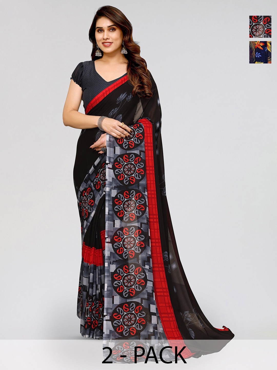 

ANAND SAREES Selection Of 2 Floral Printed Poly Georgette Sarees, Red