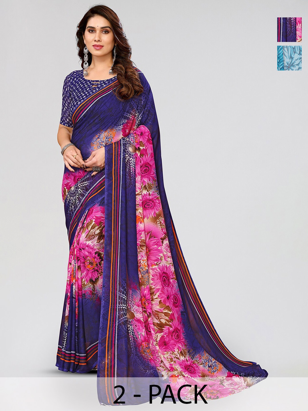 

ANAND SAREES Selection Of 2 Abstract Printed Poly Georgette Sarees, Blue