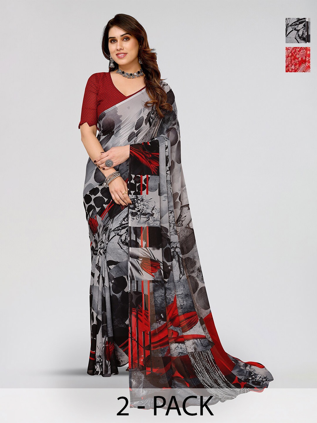 

ANAND SAREES Selection Of 2 Ethnic Motifs Printed Poly Georgette Sarees, Red