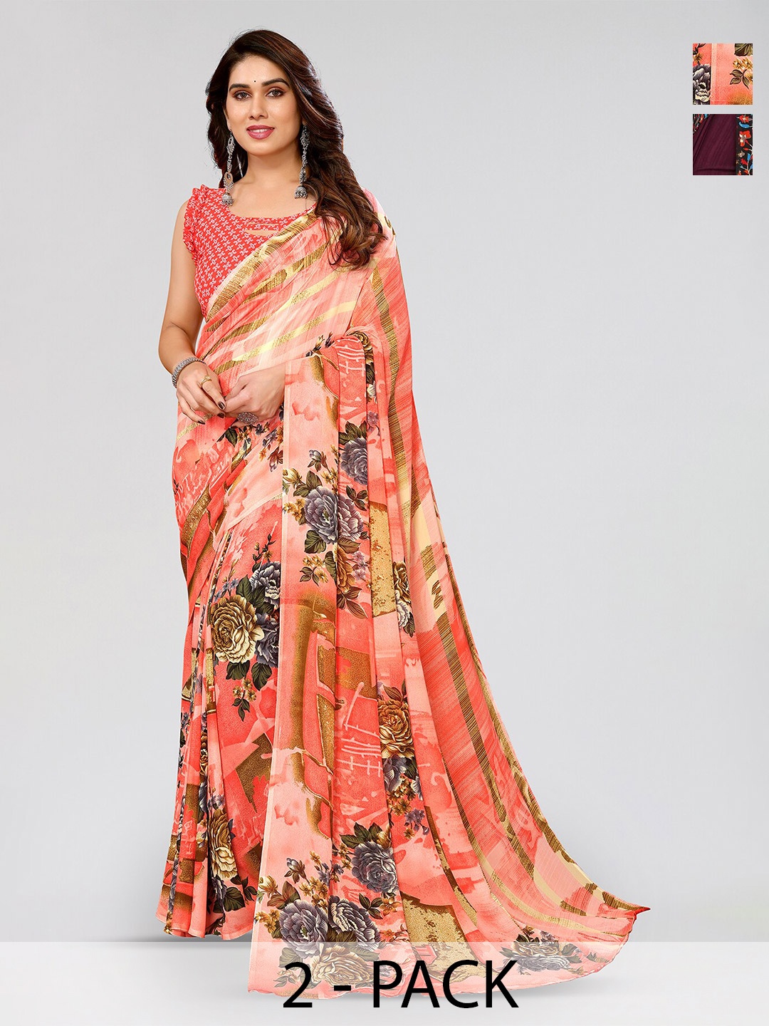 

ANAND SAREES Selection Of 2 Floral Printed Poly Georgette Sarees, Peach