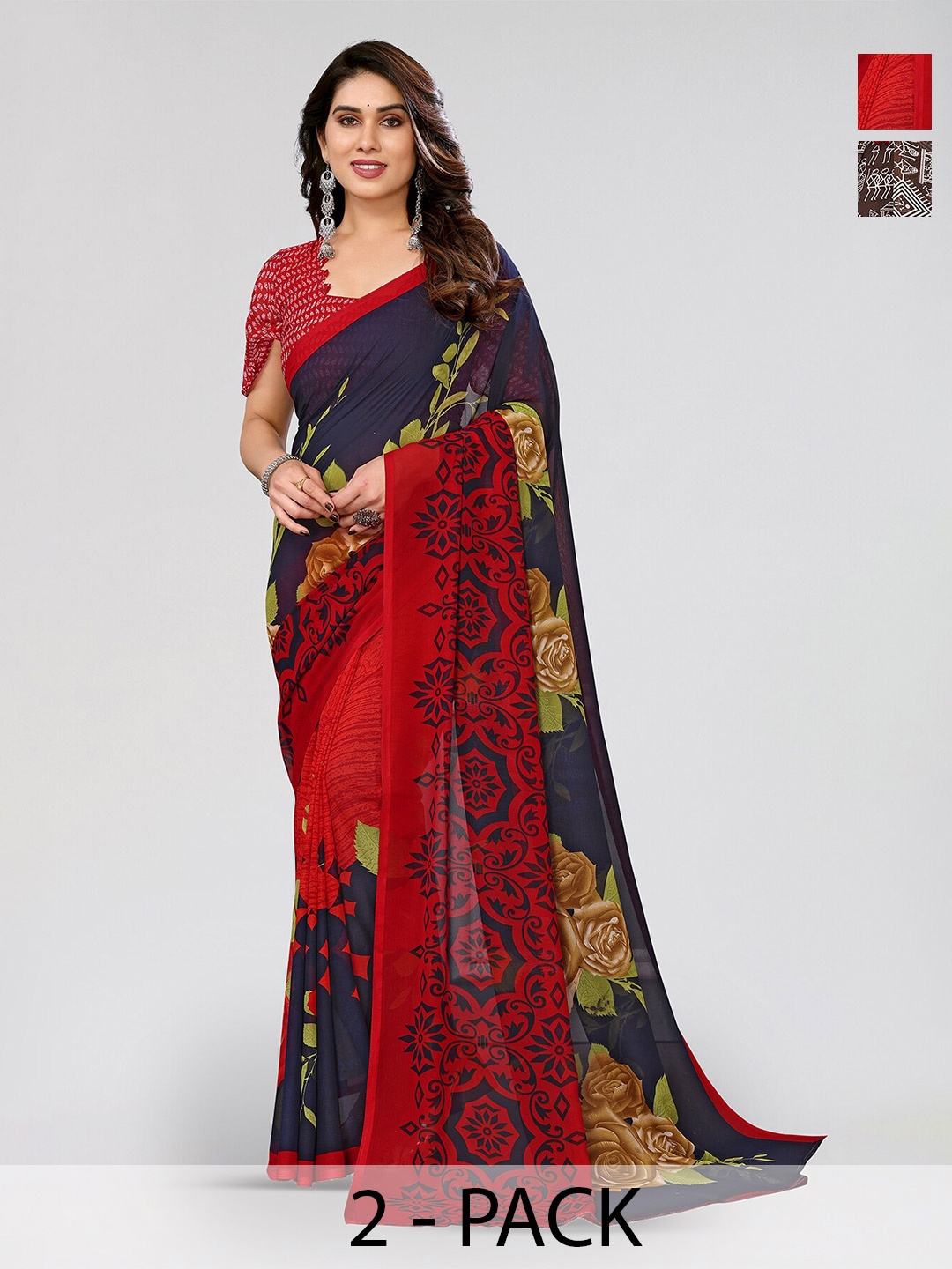 

ANAND SAREES Selection Of 2 Floral Printed Poly Georgette Sarees, Red