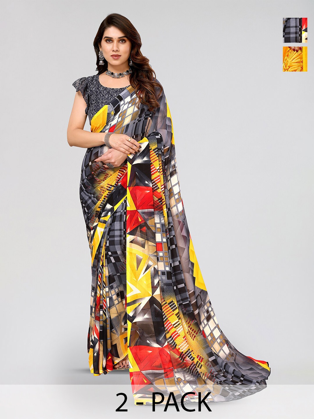 

ANAND SAREES Selection Of 2 Abstract Printed Poly Georgette Sarees, Yellow