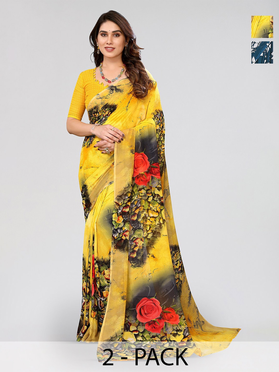 

ANAND SAREES Selection Of 2 Floral Printed Poly Georgette Sarees, Yellow