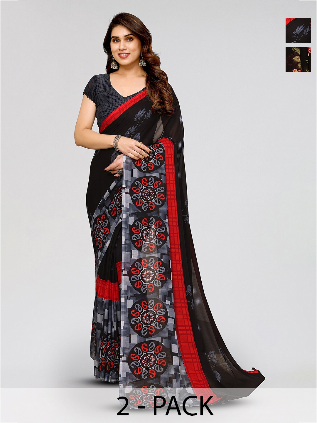 

ANAND SAREES Selection Of 2 Floral Printed Poly Georgette Sarees, Black