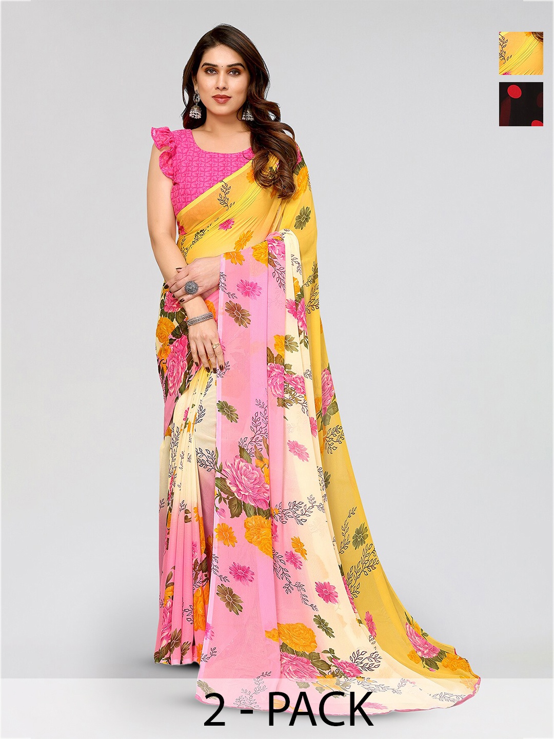 

ANAND SAREES Selection Of 2 Floral Printed Poly Georgette Sarees, Pink