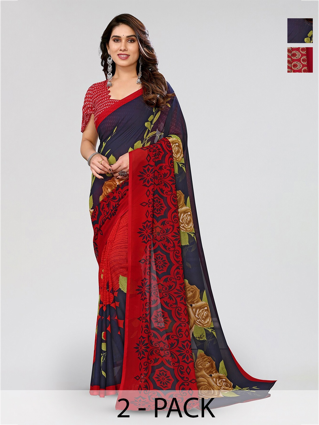 

ANAND SAREES Selection Of 2 Floral Printed Poly Georgette Sarees, Navy blue