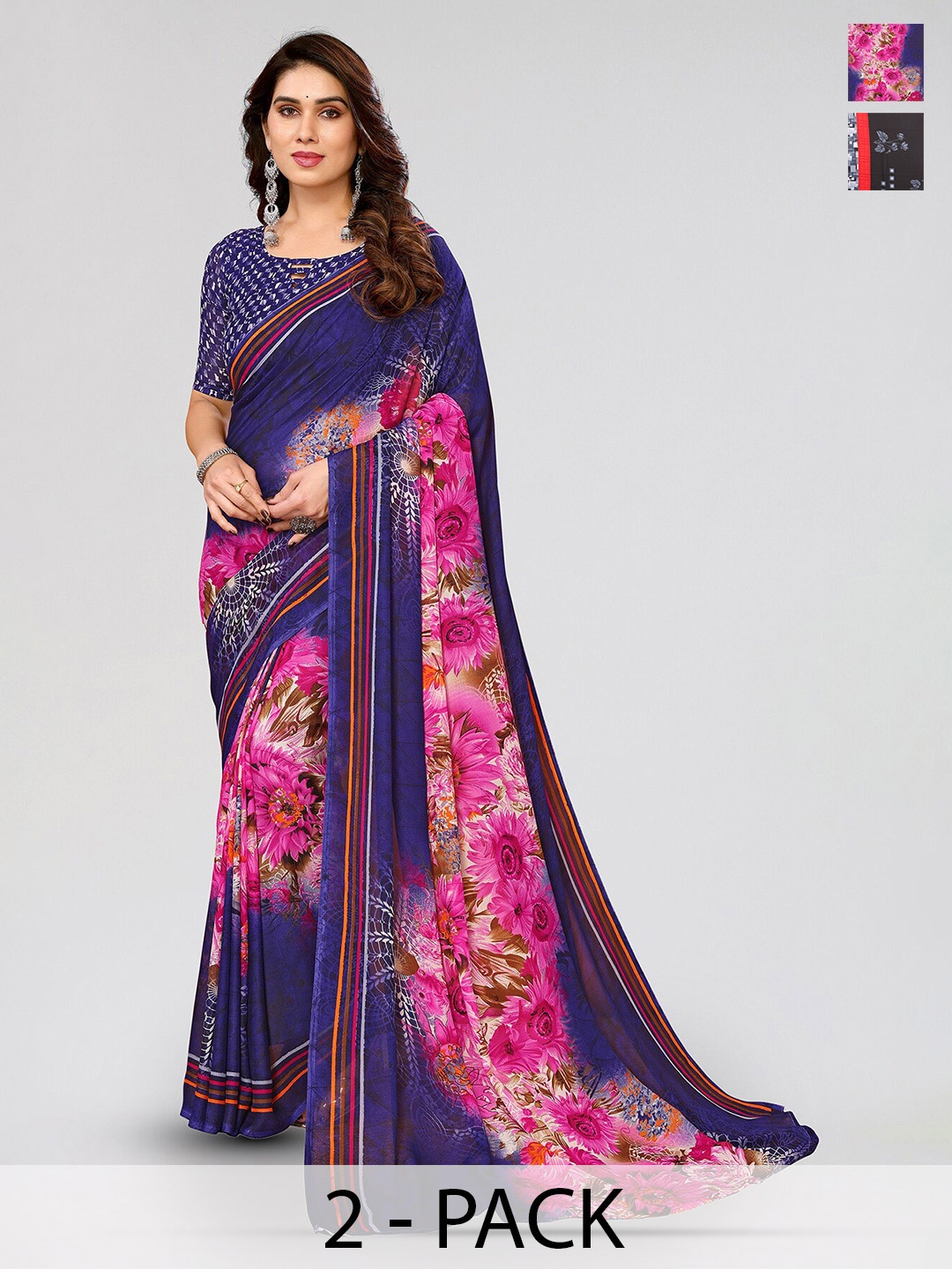 

ANAND SAREES Selection Of 2 Floral Printed Poly Georgette Sarees, Black