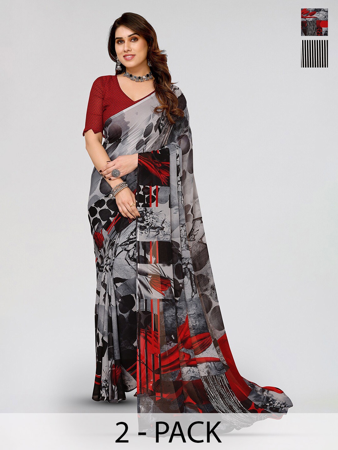 

ANAND SAREES Selection Of 2 Floral Printed Poly Georgette Sarees, Black