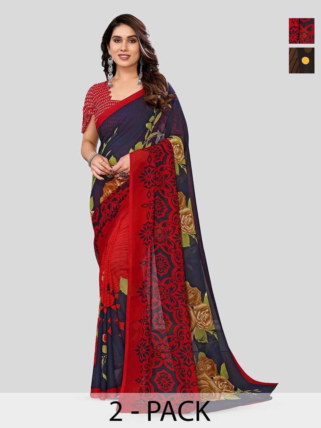 

ANAND SAREES Selection Of 2 Floral Printed Poly Georgette Sarees, Black
