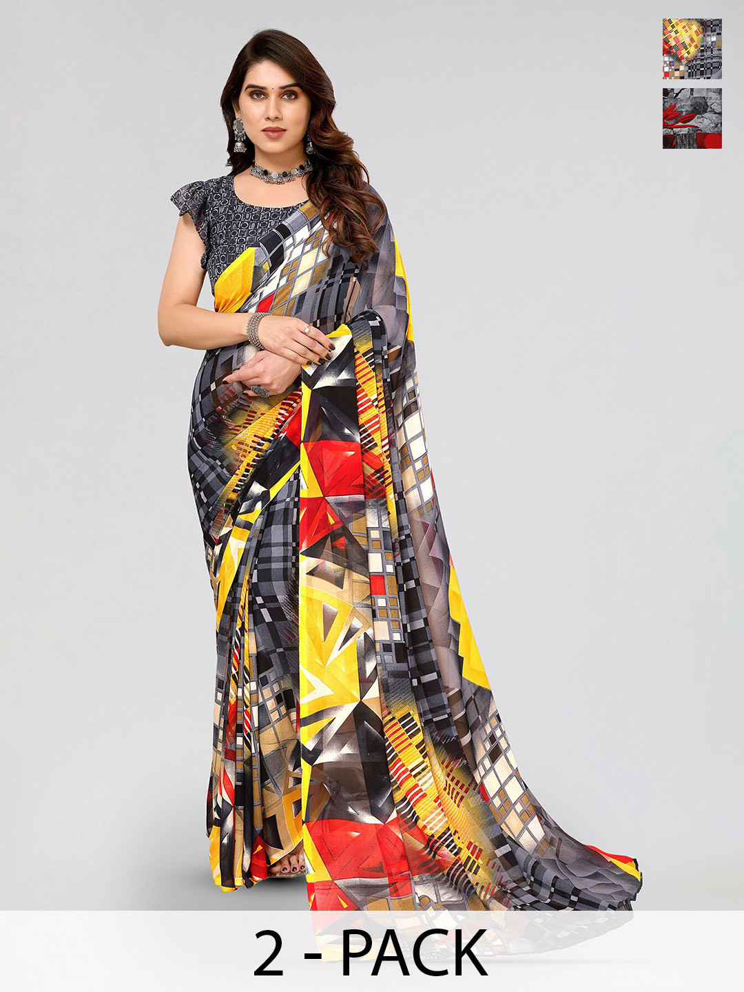 

ANAND SAREES Selection Of 2 Abstract Printed Poly Georgette Sarees, Grey