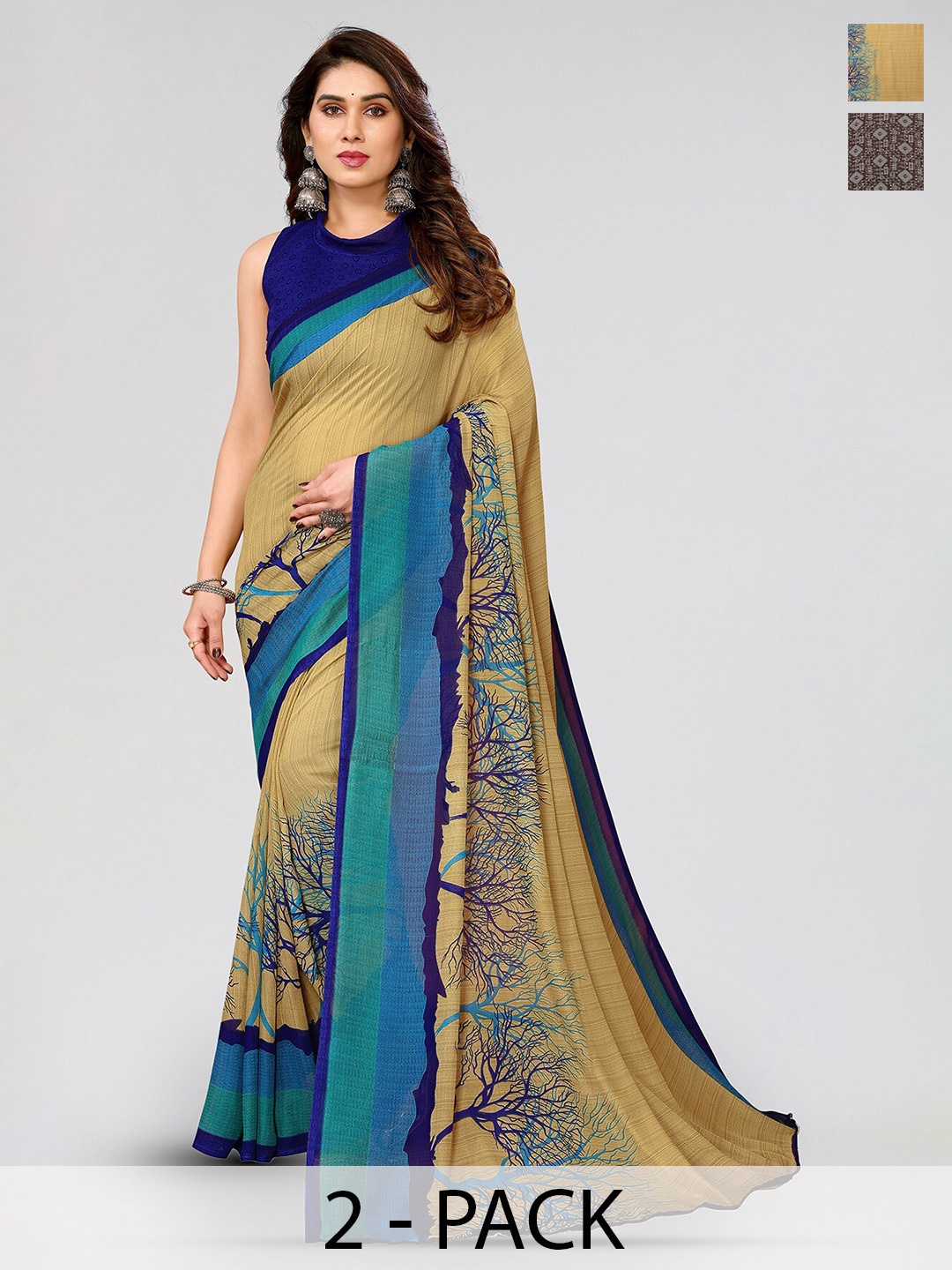 

ANAND SAREES Selection Of 2 Floral Printed Poly Georgette Sarees, Blue