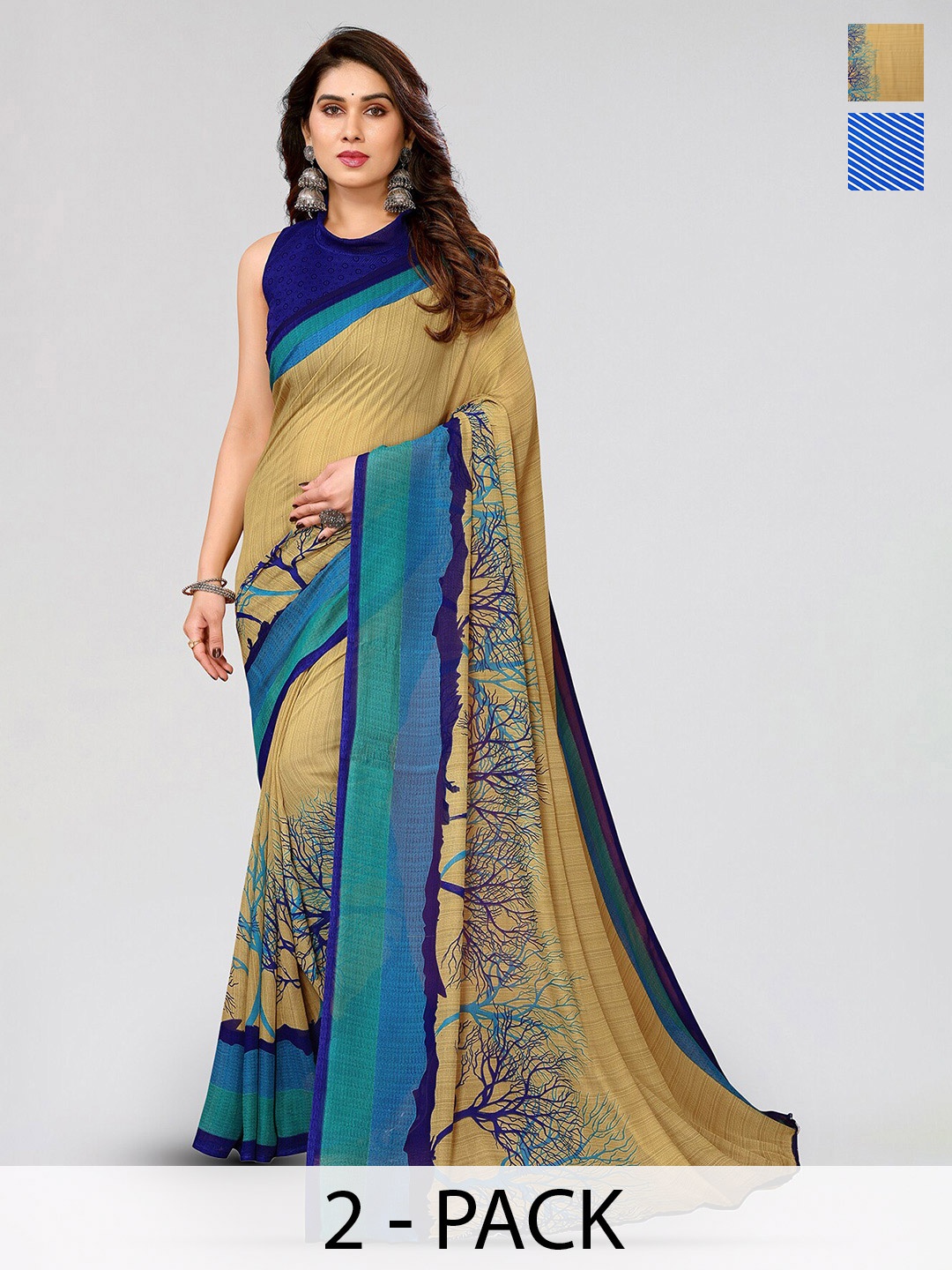 

ANAND SAREES Selection Of 2 Striped Printed Poly Georgette Sarees, Blue
