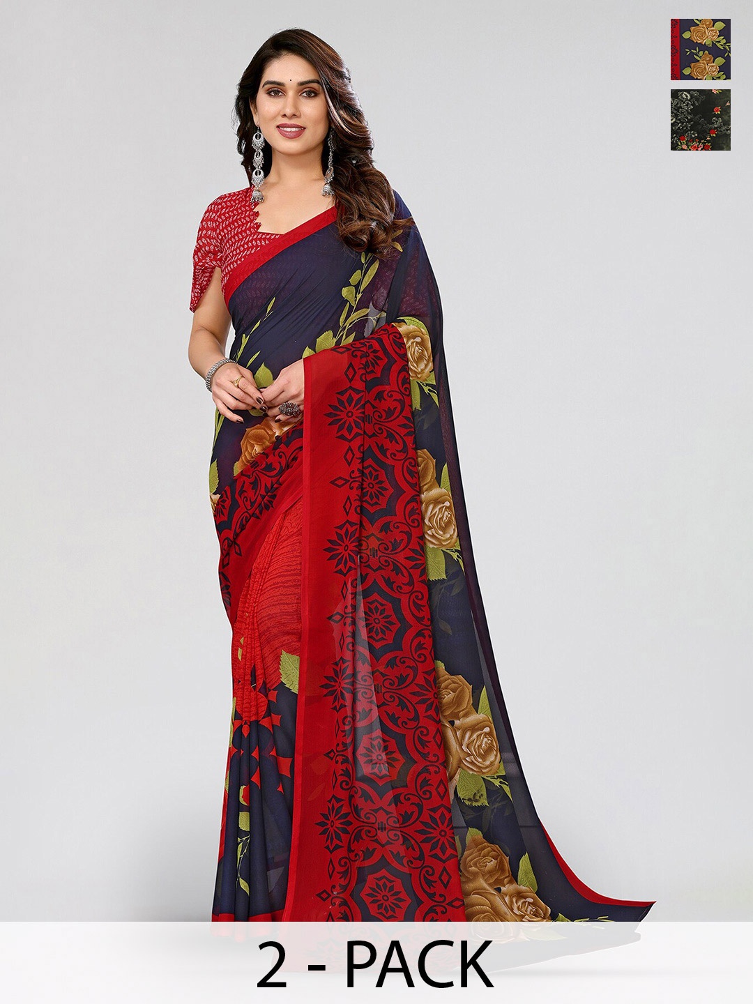 

ANAND SAREES Selection Of 2 Floral Printed Poly Georgette Sarees, Navy blue