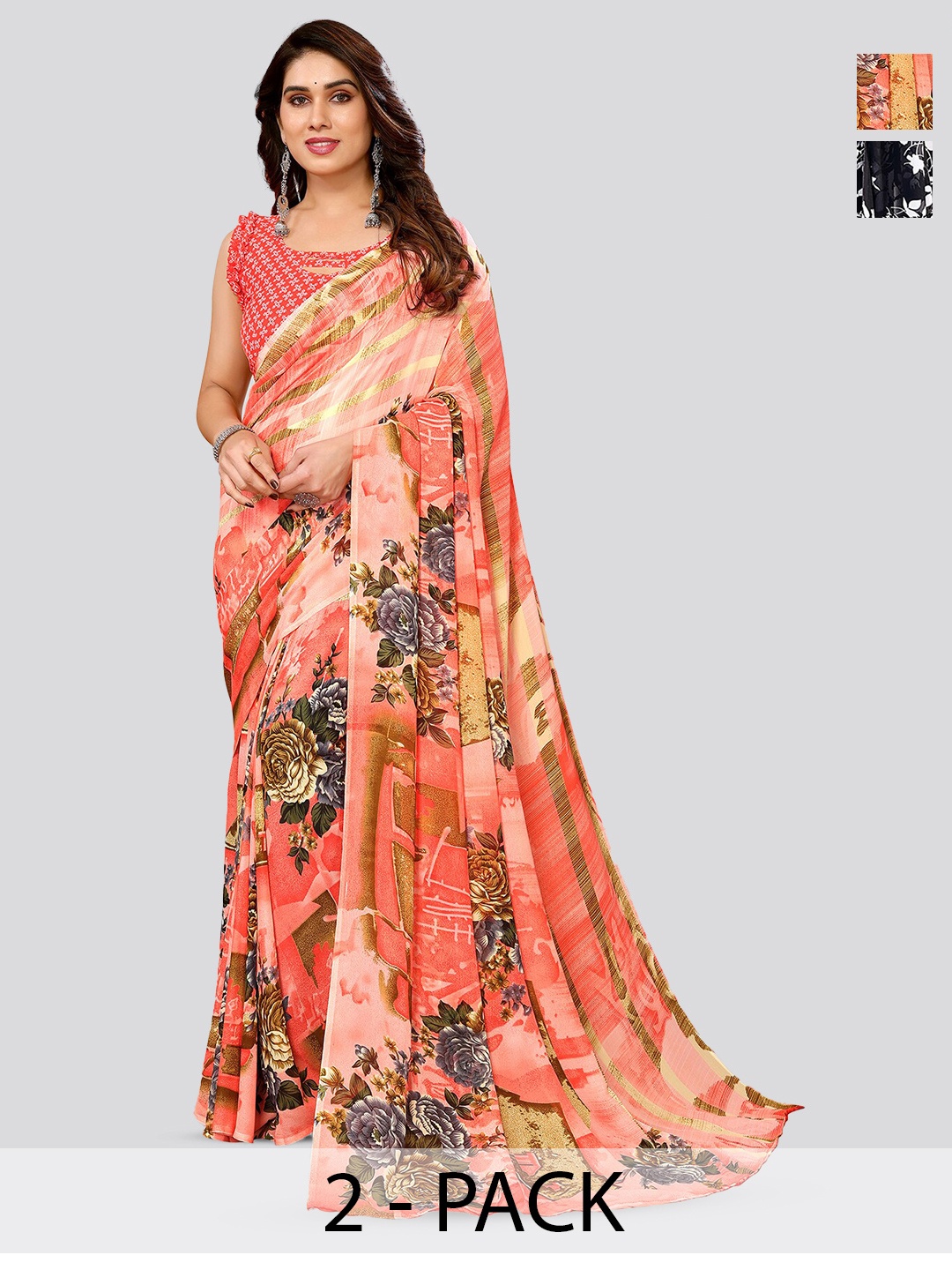 

ANAND SAREES Selection Of 2 Floral Printed Poly Georgette Sarees, Black