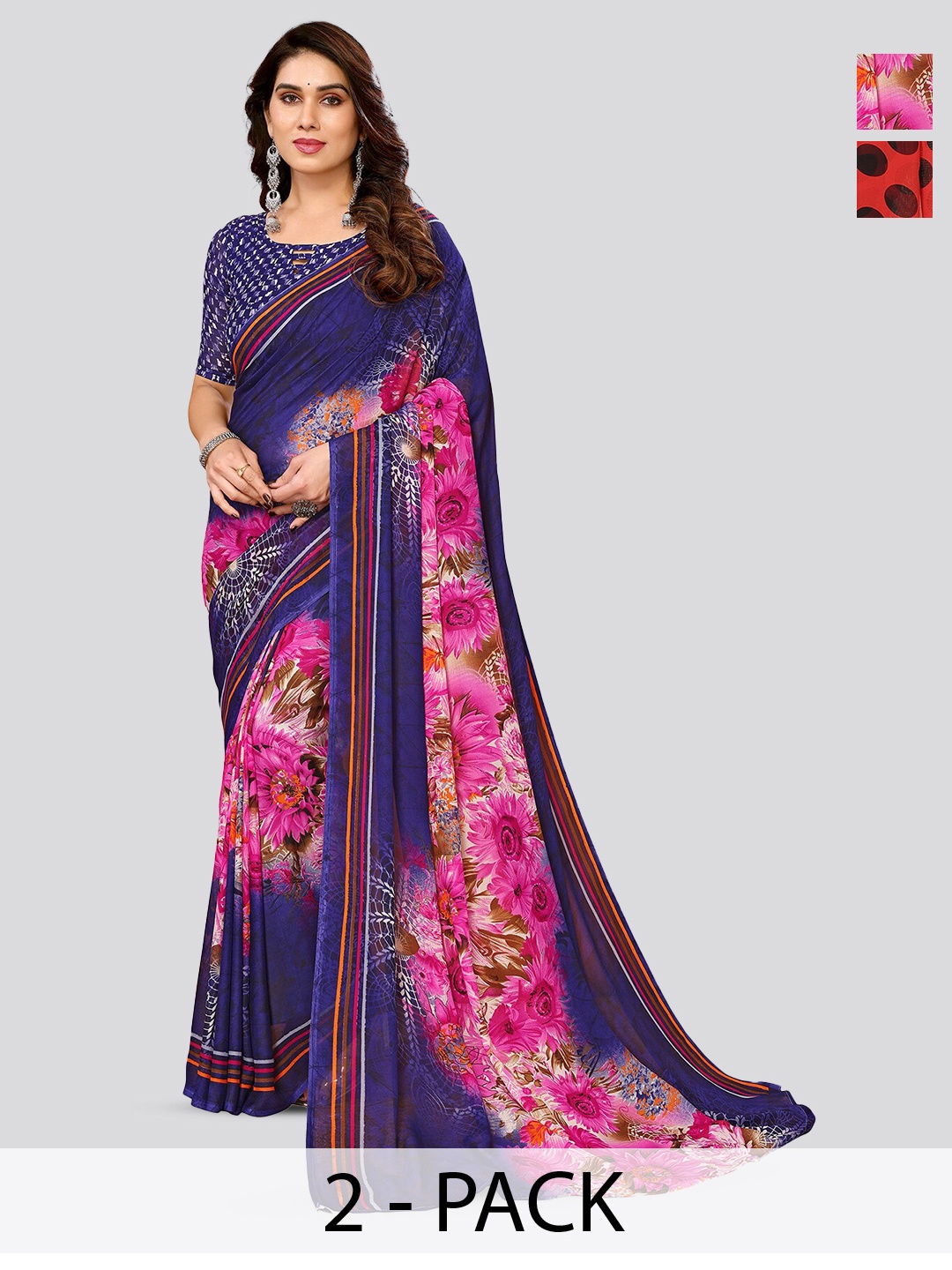 

ANAND SAREES Selection Of 2 Floral Printed Poly Georgette Sarees, Red