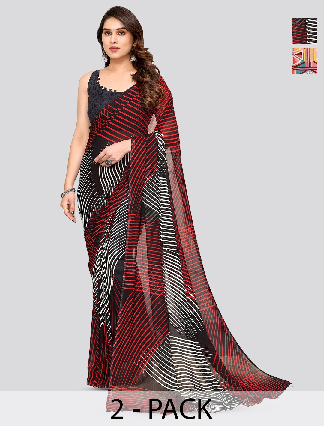 

ANAND SAREES Selection Of 2 Floral Printed Poly Georgette Sarees, Red