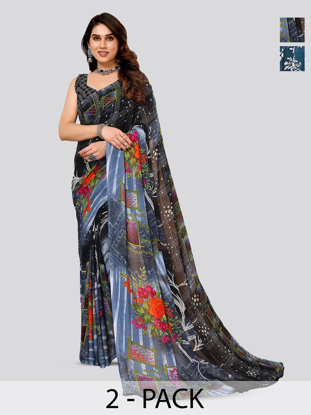 

ANAND SAREES Selection Of 2 Floral Printed Poly Georgette Sarees, Blue
