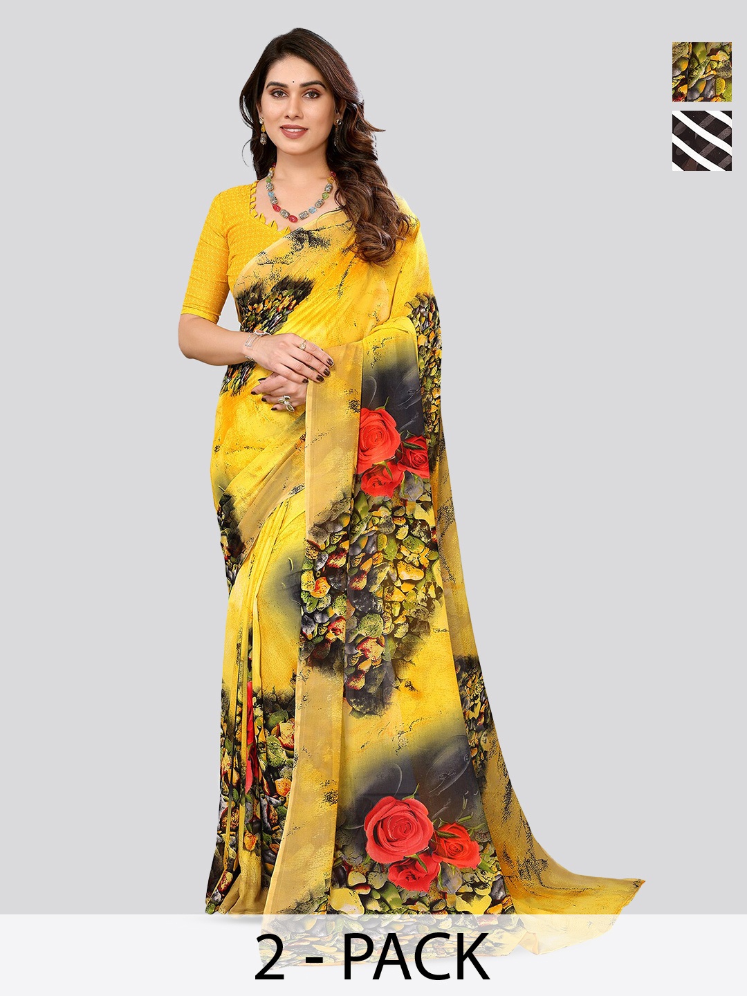 

ANAND SAREES Selection Of 2 Printed Sarees, Black