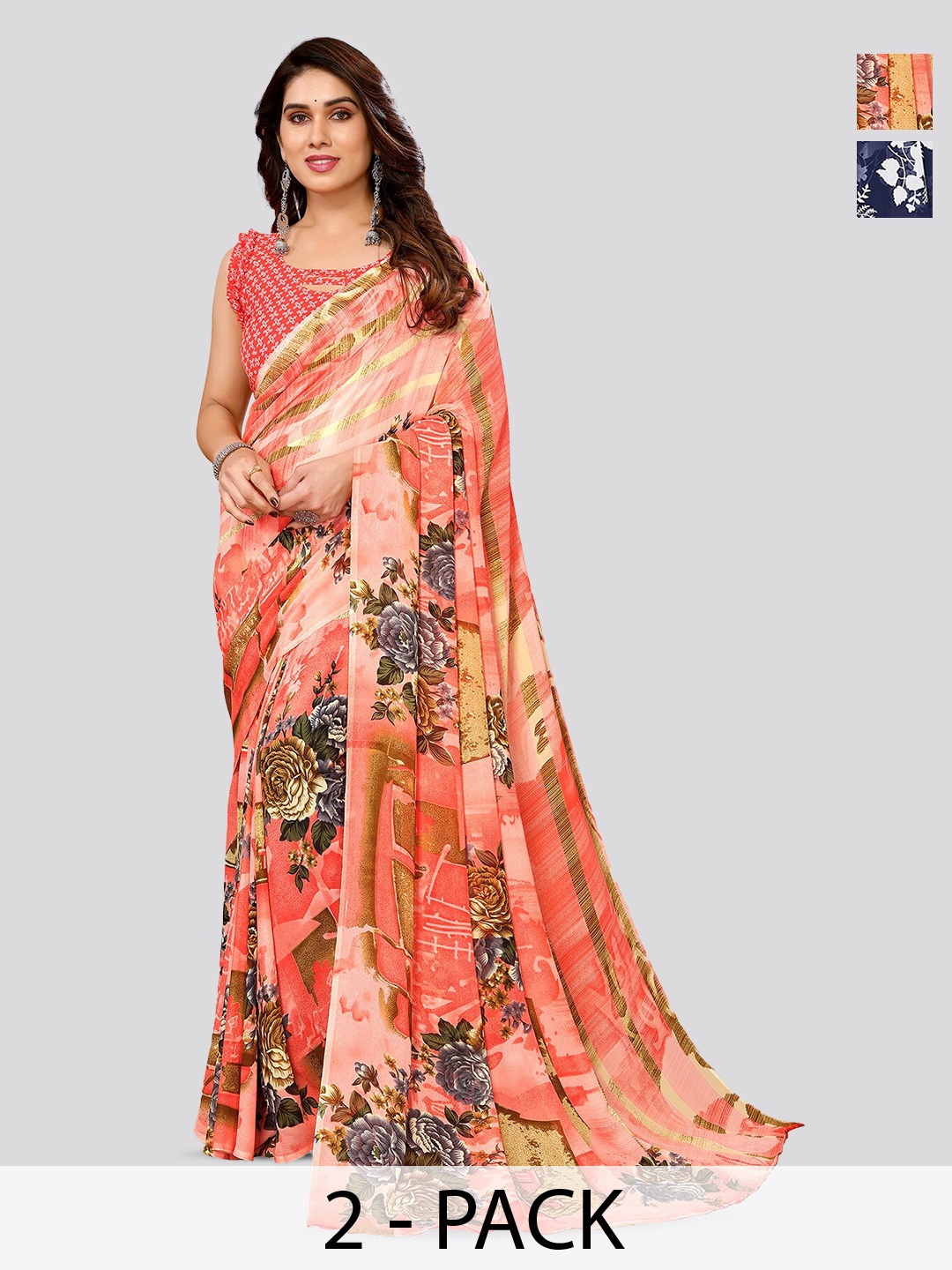 

ANAND SAREES Selection Of 2 Printed Sarees, Blue