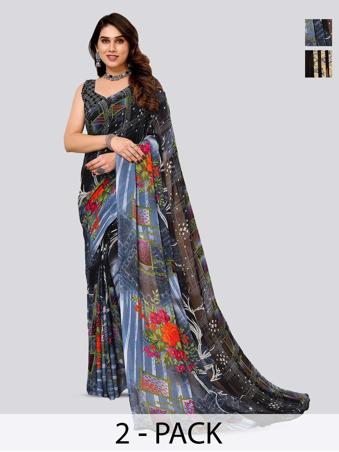 

ANAND SAREES Selection Of 2 Printed Sarees, Black