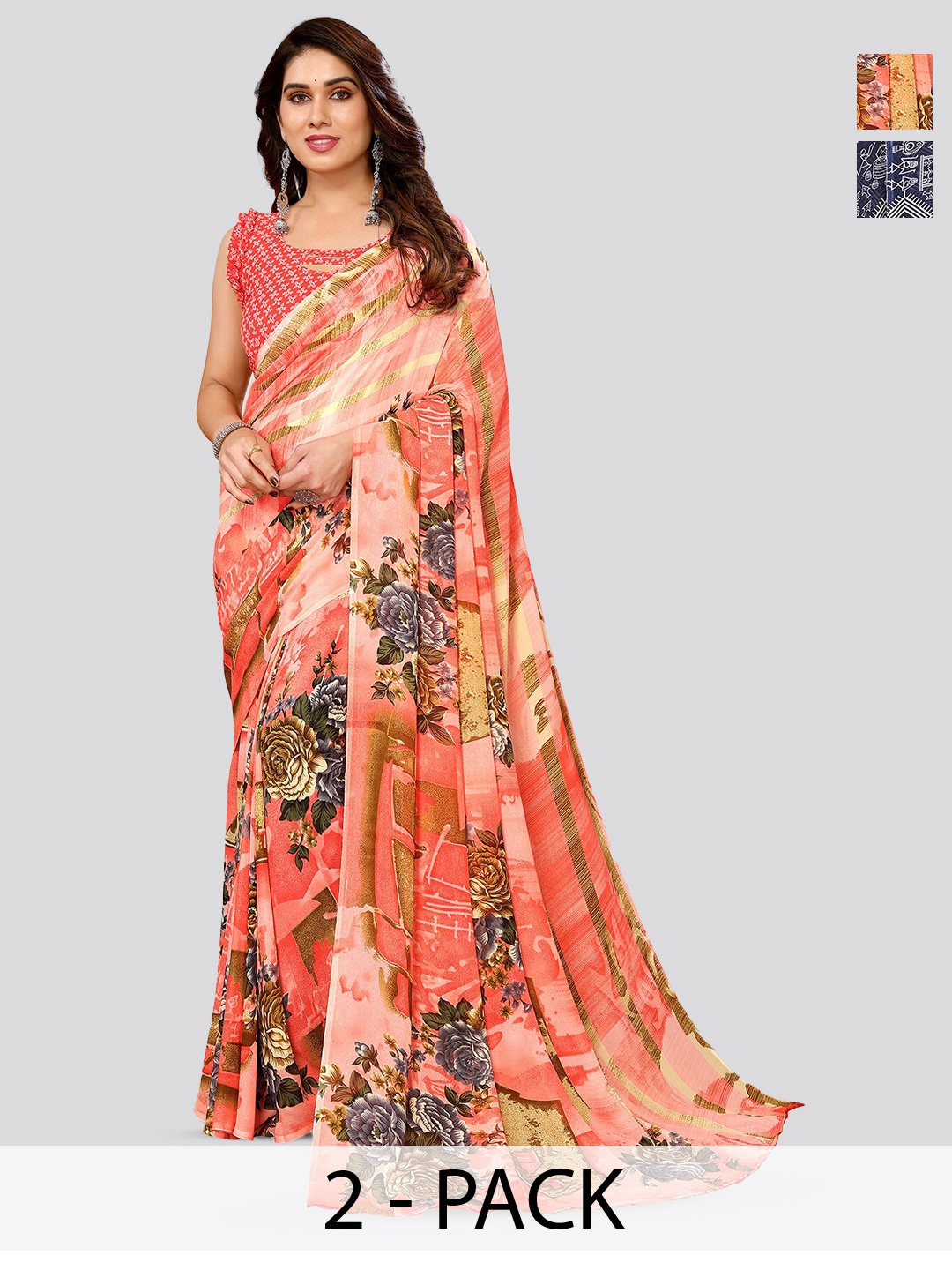 

ANAND SAREES Selection Of 2 Floral Printed Sarees, Blue