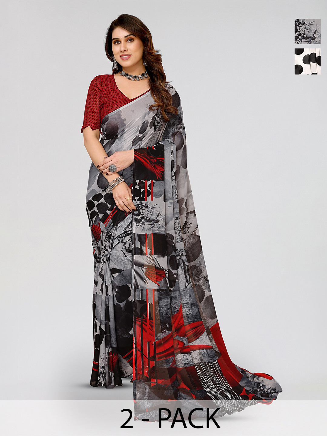 

ANAND SAREES Selection Of 2 Floral Printed Sarees, White