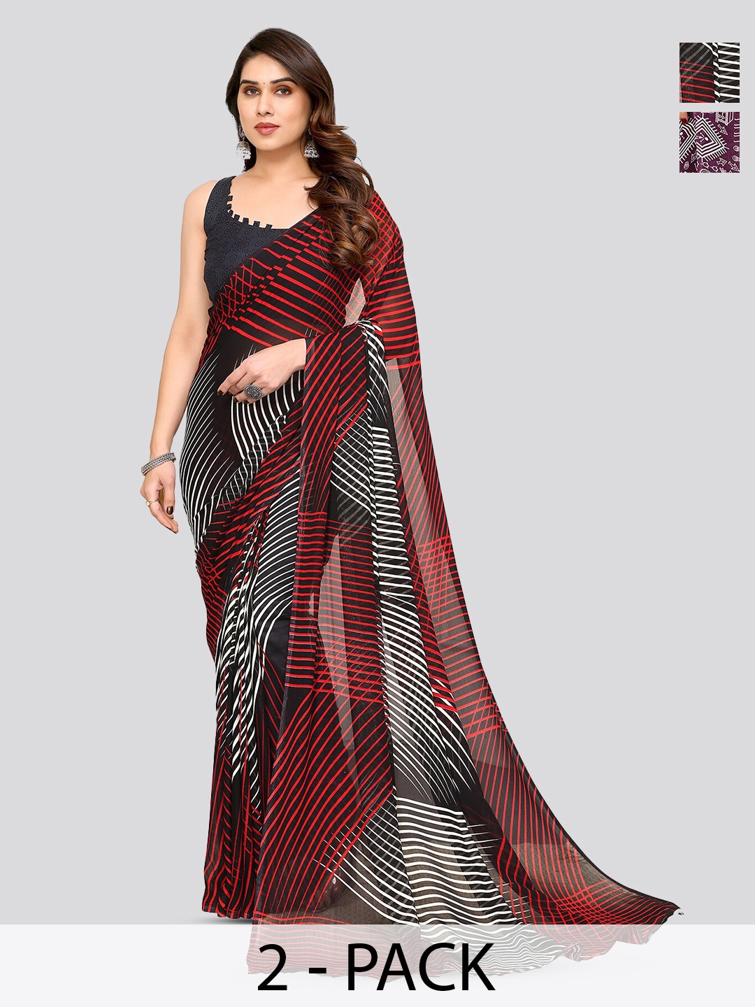 

ANAND SAREES Selection Of 2 Striped Printed Sarees, Purple