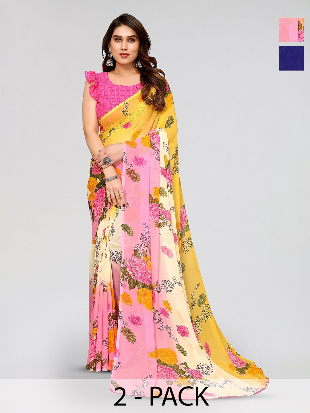 

ANAND SAREES Selection Of 2 Floral Printed Sarees, Pink