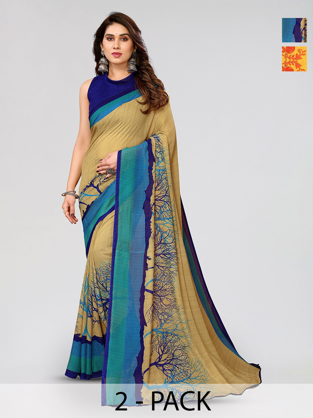 

ANAND SAREES Selection Of 2 Floral Printed Sarees, Yellow