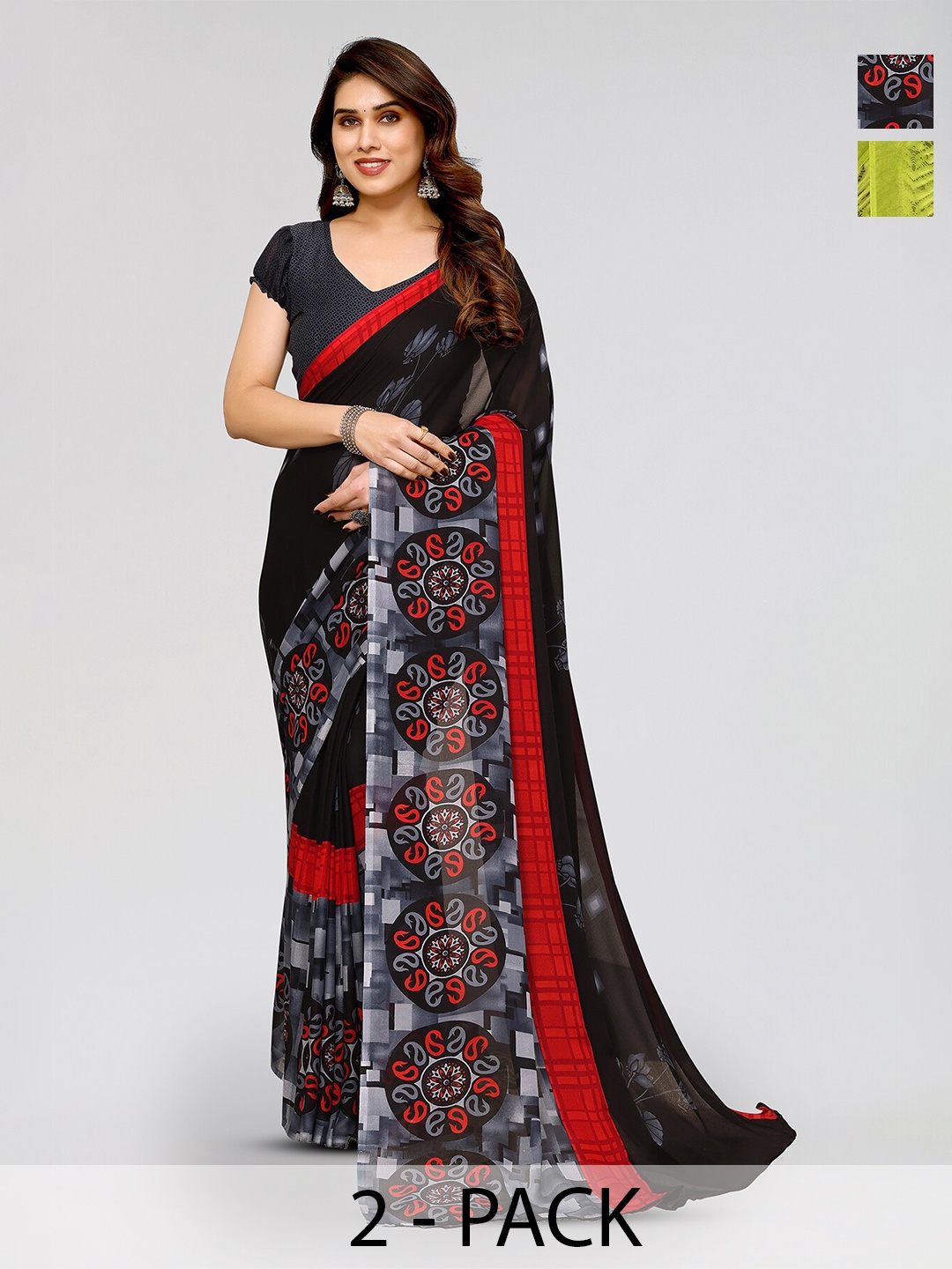 

ANAND SAREES Selection Of 2 Printed Sarees, Black