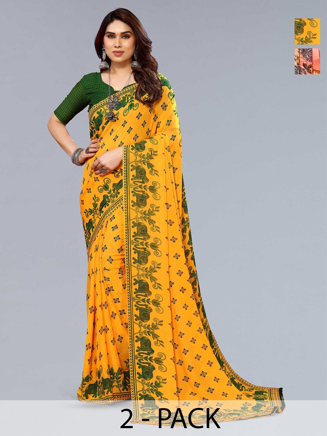 

ANAND SAREES Selection Of 2 Printed Sarees, Peach