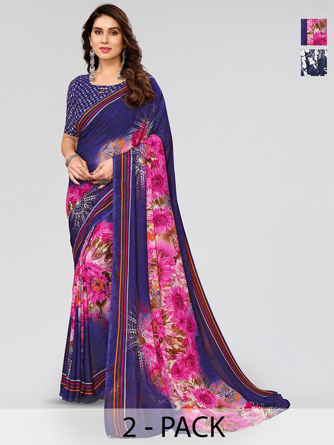 

ANAND SAREES Selection Of 2 Printed Sarees, Blue