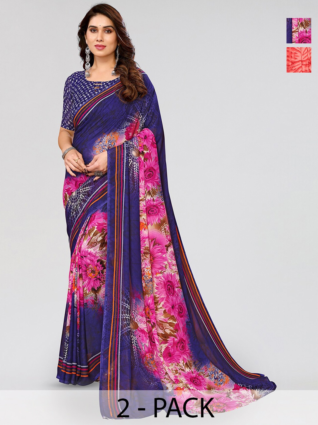 

ANAND SAREES Selection Of 2 Printed Sarees, Navy blue
