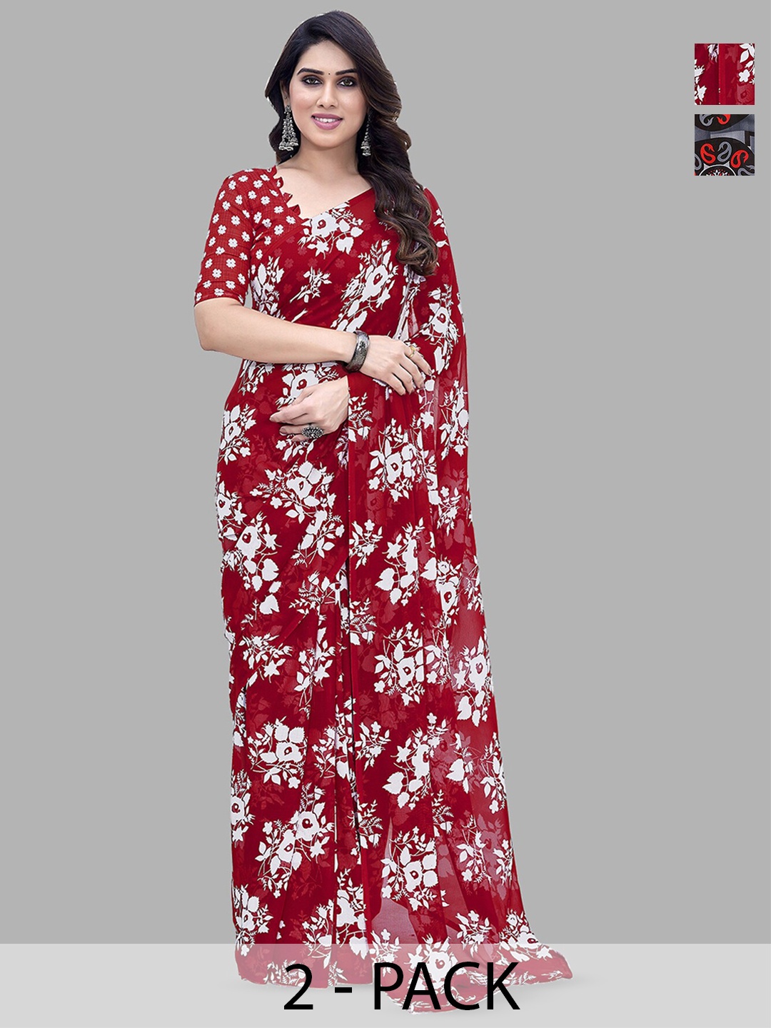

ANAND SAREES Selection of 2 Floral and Ethnic Motifs Printed Sarees, Red
