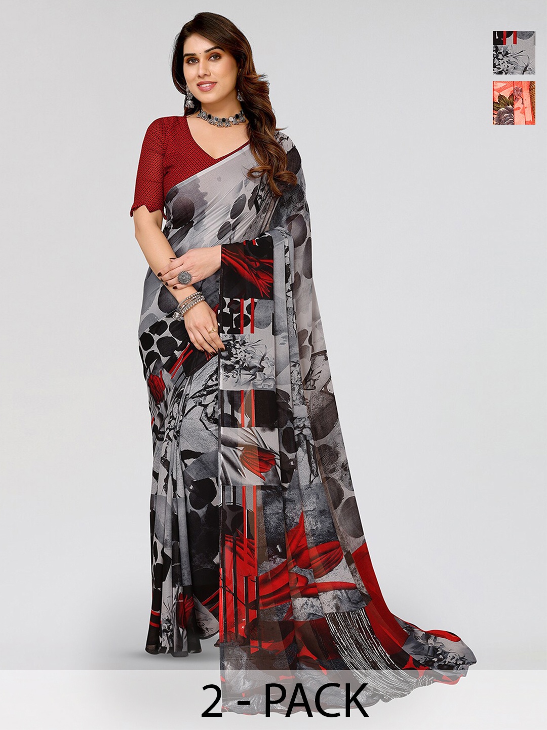 

ANAND SAREES Selection of 2 Floral Printed Sarees, Orange