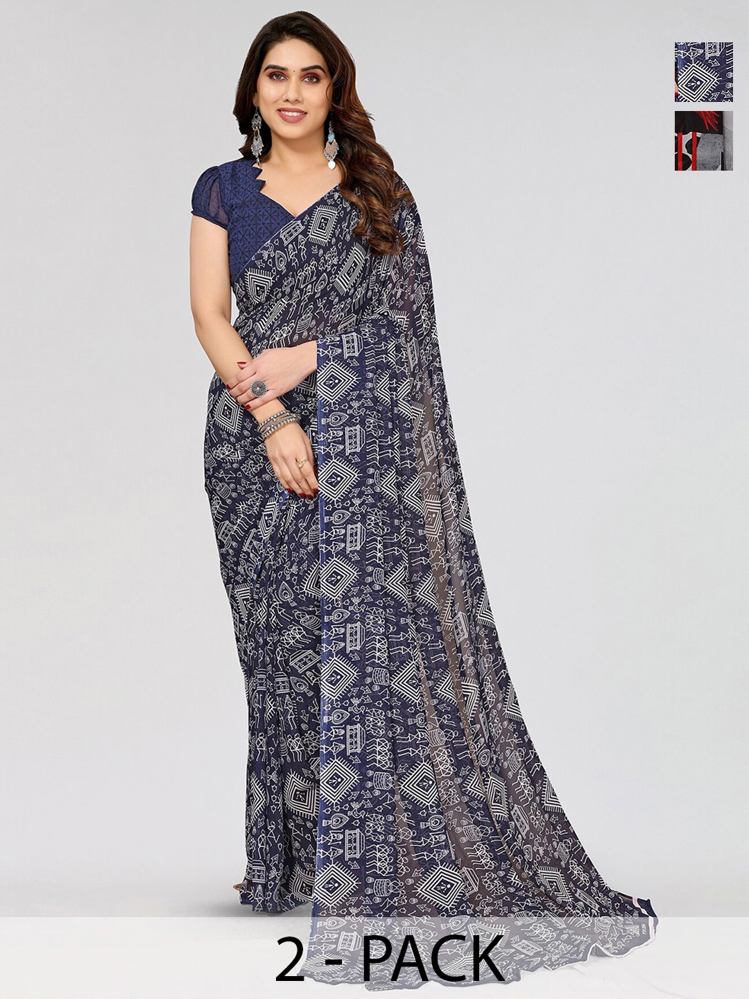 

ANAND SAREES Selection of 2 Ethnic motifs and Floral Printed Sarees, Blue